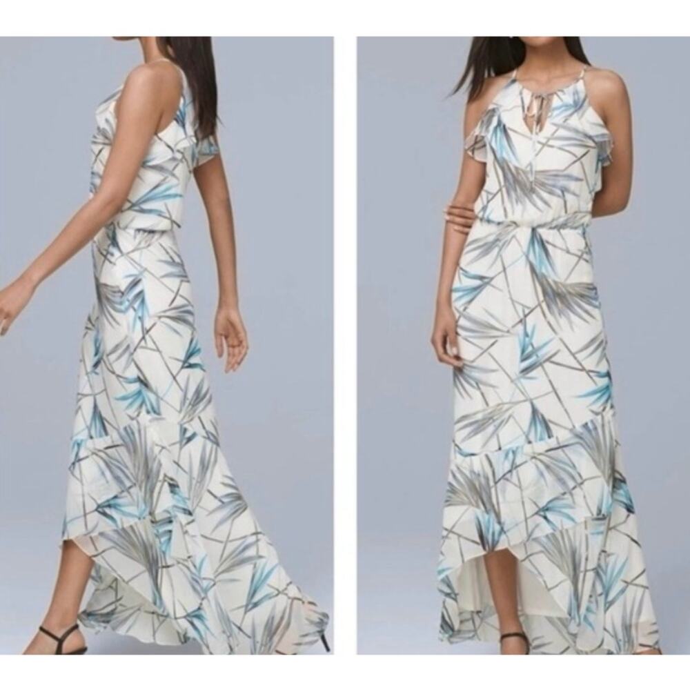 White House Black Market Bamboo Print Hi Low Maxi Dress Size 8 Sleeveless
